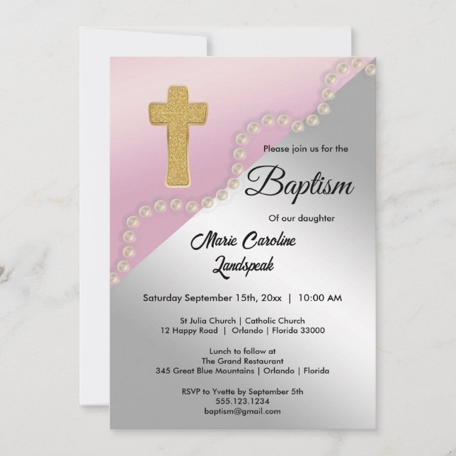 Invitation Rose Gold Argent Metallic & Perles Baptême (Devant)