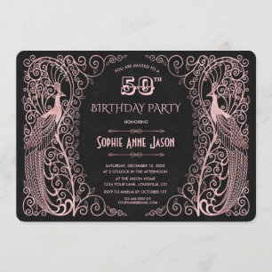 Invitation Rose Gold Art Peacocks 50e fête d'anniversaire