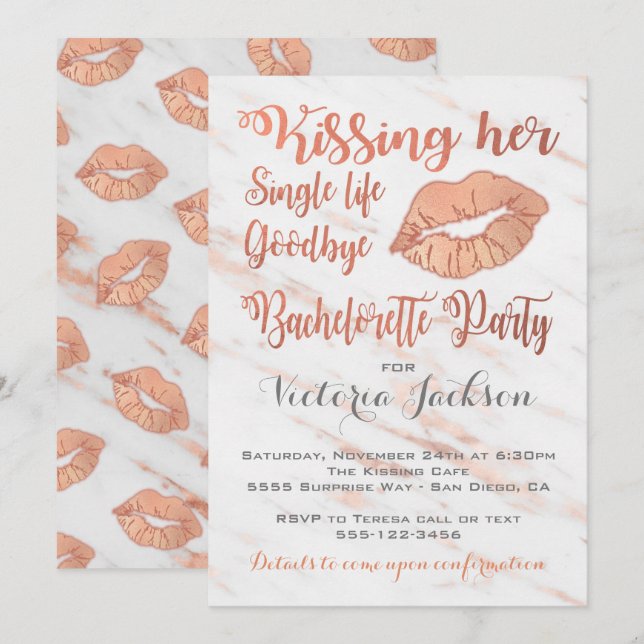 Invitation Rose Gold Bachelorette Party Kiss avec marbre (Devant / Derrière)