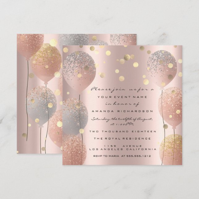 Invitation Rose Gold Ballon Pailleté Mariage Douzième élégant (Devant / Derrière)