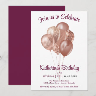 Invitation Rose Gold Balloons Birthday 