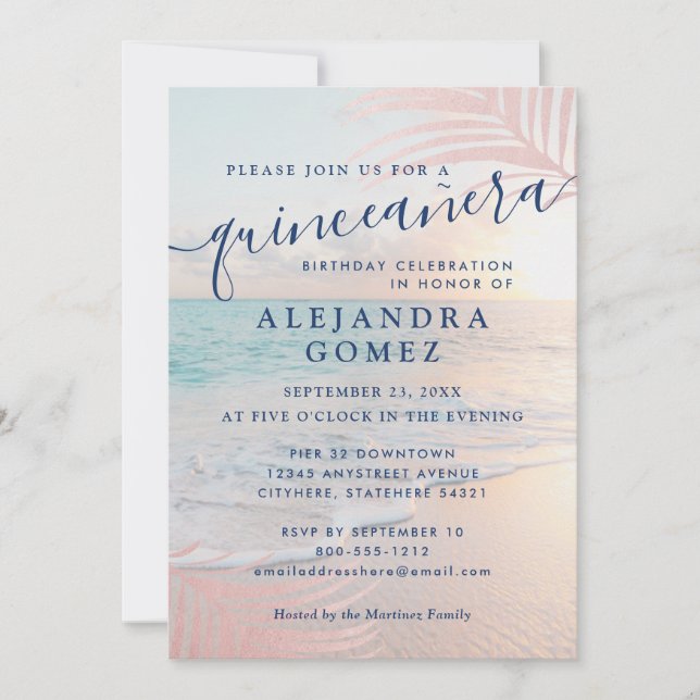 Invitation Rose Gold Beach Quinceañera Rose 15e anniversaire (Devant)