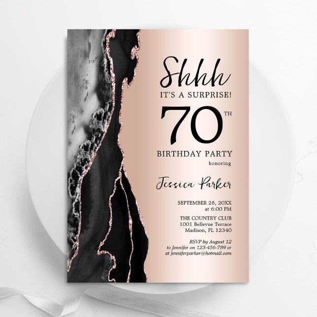 Invitation Rose Gold Black Agate Surprise 70e anniversaire (Créateur téléchargé)