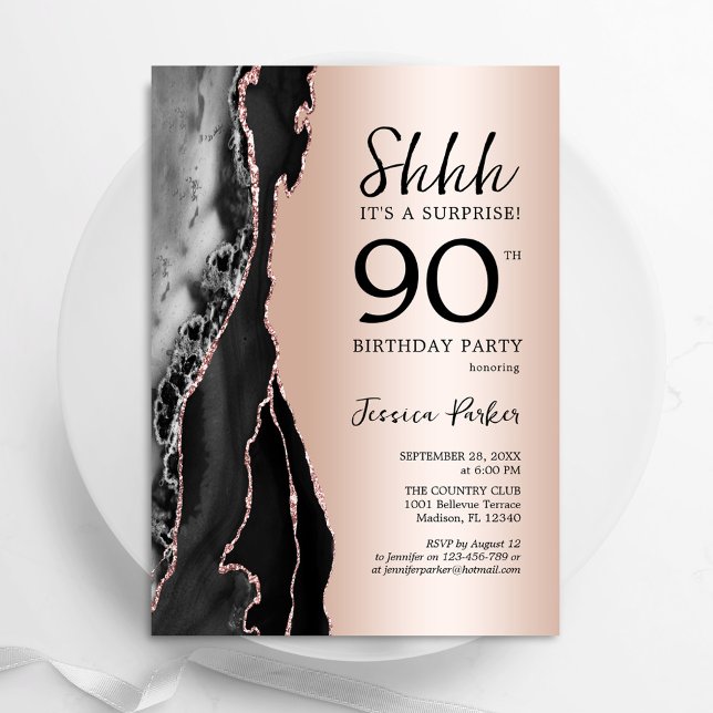 Invitation Rose Gold Black Agate Surprise 90e anniversaire (Créateur téléchargé)