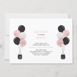 Invitation Rose Gold & Black Balloon Moderne 60 Anniversaire