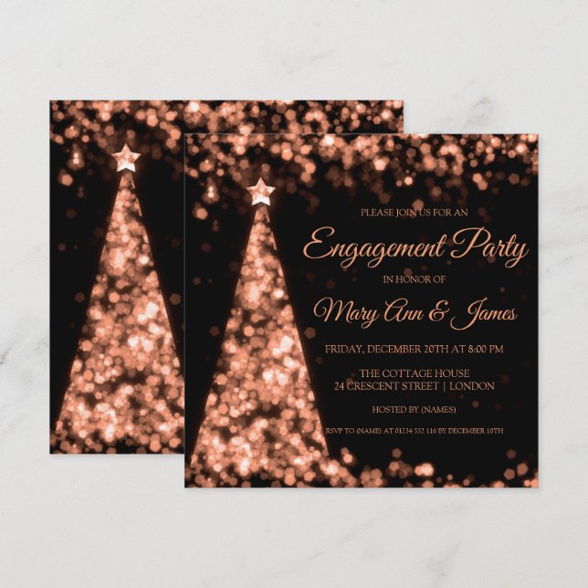 Invitation Rose Gold Black Christmas Engagement Party (Devant / Derrière)