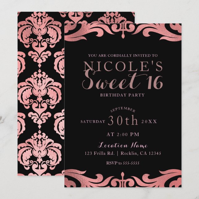 Invitation Rose Gold Black Damask Chic Elegant Sweet 16 Party (Devant / Derrière)
