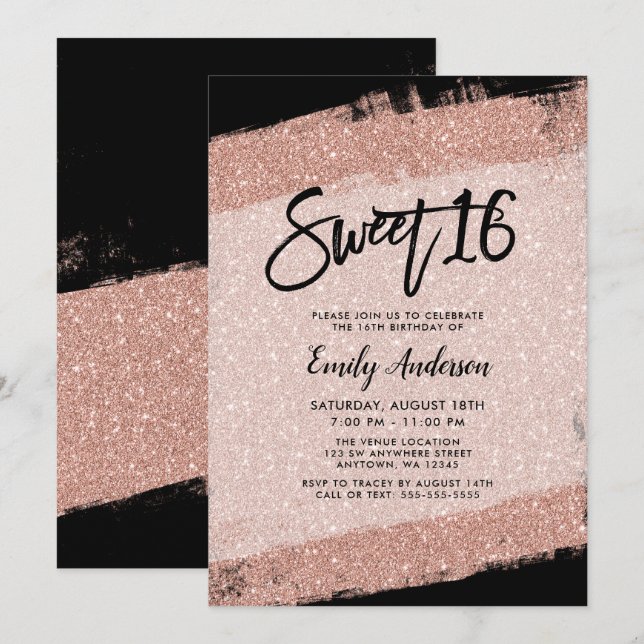 Invitation Rose Gold Black Faux Parties scintillant Brush Swe (Devant / Derrière)