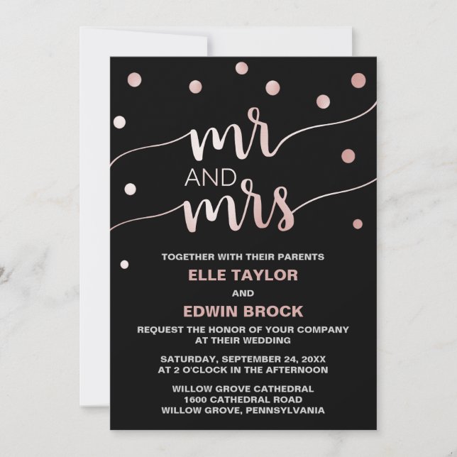 Invitation Rose Gold & Black Glam Confetti M. et Mme Mariage (Devant)