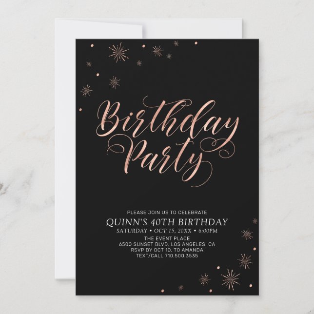 Invitation Rose Gold & Black Modern Chic Adulte fête d'annive (Devant)