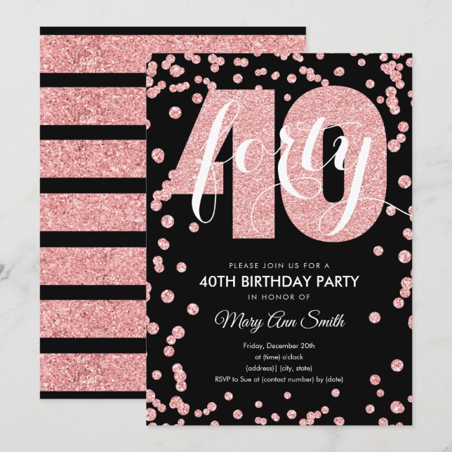 Invitation Rose Gold Black Parties scintillant 40e anniversai (Devant / Derrière)