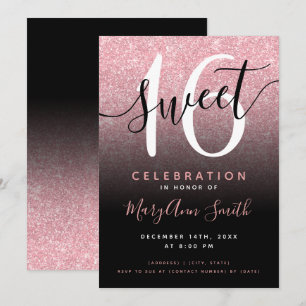 Invitation Rose Gold Black Parties scintillant Ombre 16e anni