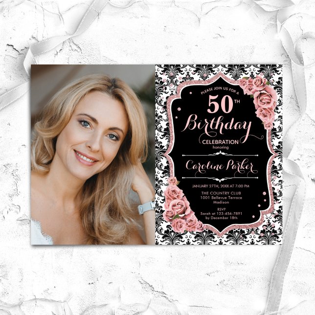 Invitation Rose Gold Black White Damask Photo 50e anniversair (Créateur téléchargé)