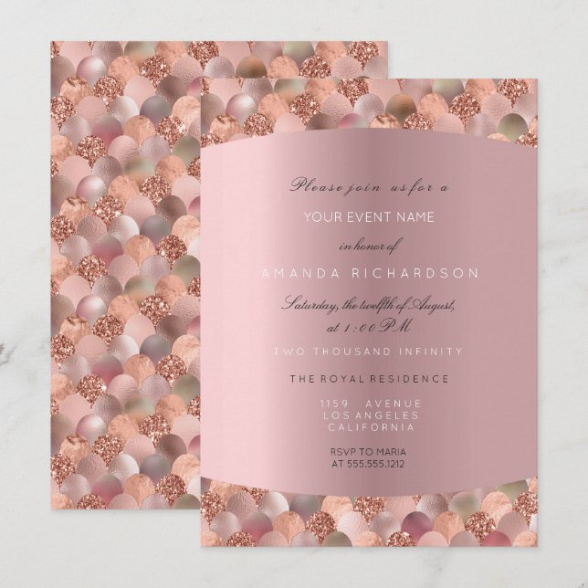 Invitation Rose Gold Black White Mermaid Scales Blush Bride (Devant / Derrière)