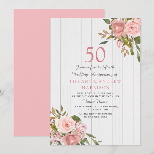Invitation Rose Gold Blanc 50e Anniversaire de Mariage (Devant / Derrière)