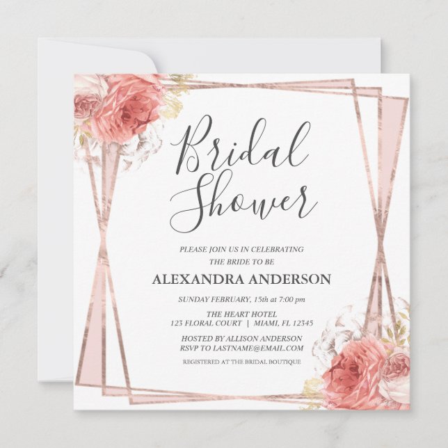 Invitation Rose Gold Blanc Floral Fête des mariées moderne (Devant)