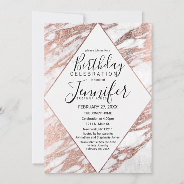 Invitation Rose Gold Blanc Marbre moderne Anniversaire (Devant)