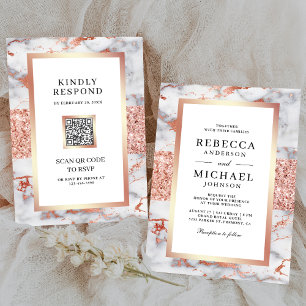 Invitation Rose Gold Blanc Marbre Tout en Un Code QR Mariage