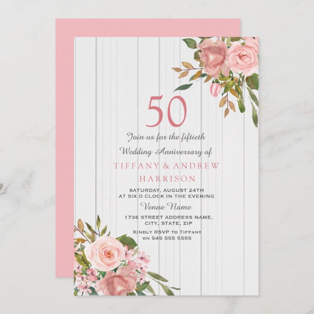Invitation Rose Gold Blanc Noces de Mariage 50 Ans (Devant / Derrière)