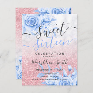 Invitation Rose Gold Blue Marbre Floral Parties scintillant S