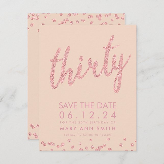 Invitation Rose Gold Blush 30th Birthday Save Date Confetti (Devant / Derrière)