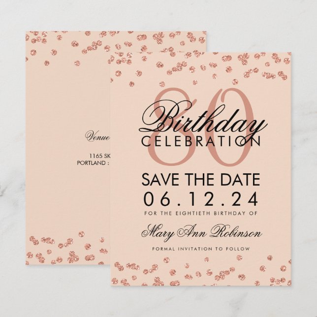 Invitation Rose Gold Blush 80th Birthday Save Date Confetti (Devant / Derrière)