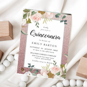 Invitation Rose Gold Blush Glitter Floral Quinceanera