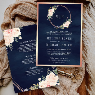 Invitation Rose Gold Blush Pink tout en un Mariage bleu marin