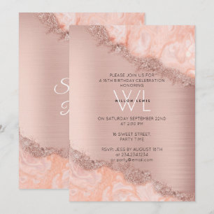 Invitation Rose Gold Blush Rose Agate Géode Parties scintilla