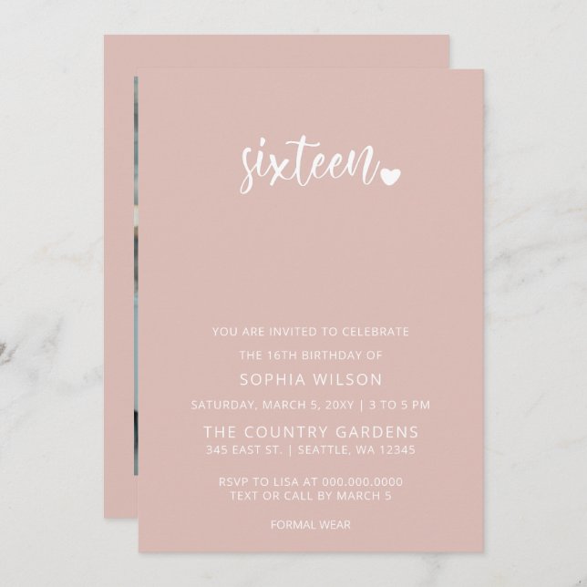 Invitation Rose Gold Blush Script Sweet 16 Anniversaire Photo (Devant / Derrière)