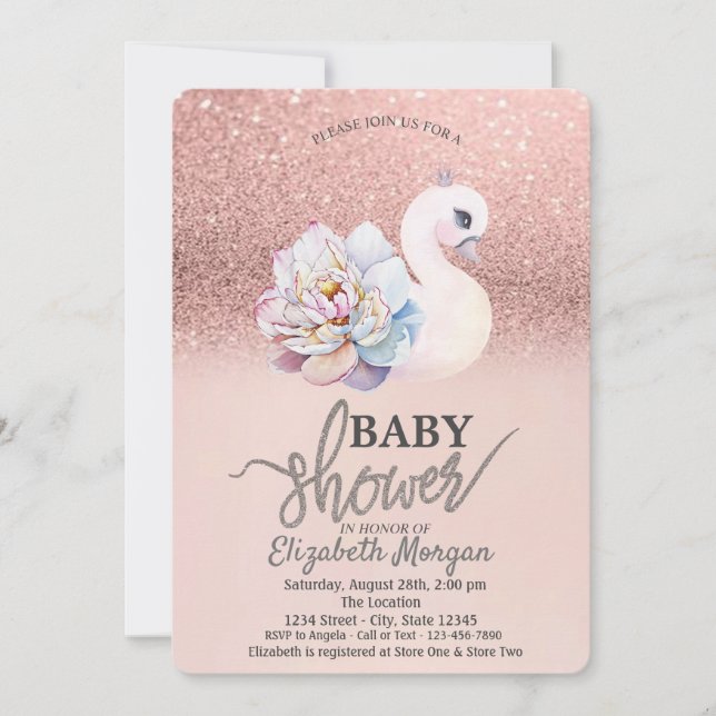 Invitation Rose Gold Bokeh, Baby shower floral cygne (Devant)