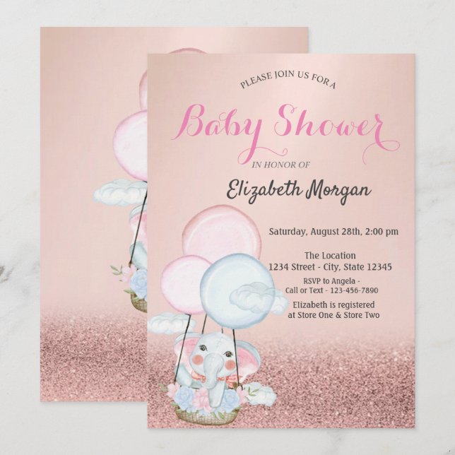 Invitation Rose Gold Bokeh, Elephant Air Balloon Baby shower (Devant / Derrière)