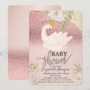 Invitation Rose Gold Bokeh, Fleurs Boho Cygne Baby Shower