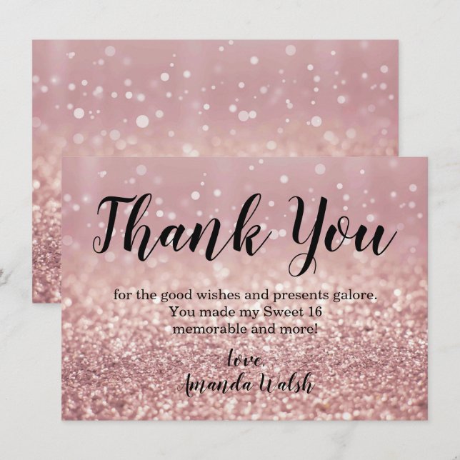 Invitation Rose Gold Bokeh Lights Sweet 16 Merci Note (Devant / Derrière)