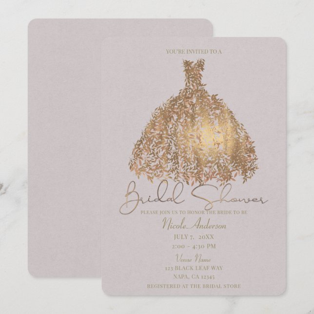 Invitation Rose Gold Botanique Feuille Fête des mariées robe (Devant / Derrière)