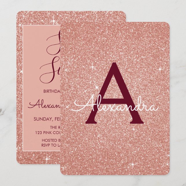 Invitation Rose Gold Bourgogne Parties scintillant étincelant (Devant / Derrière)