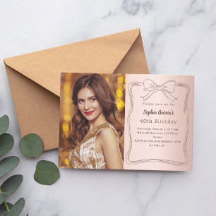 Invitation Rose gold bow photo anniversaire dessiné à la main