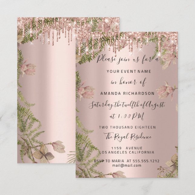 Invitation Rose  Gold Bridal Mariage Floral (Devant / Derrière)