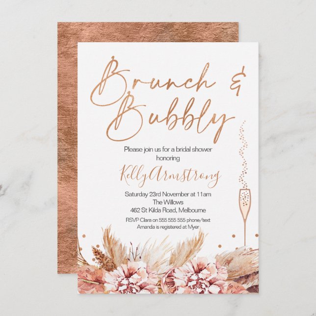 Invitation Rose Gold Brunch Bubbly Boho Fête des mariées (Devant / Derrière)