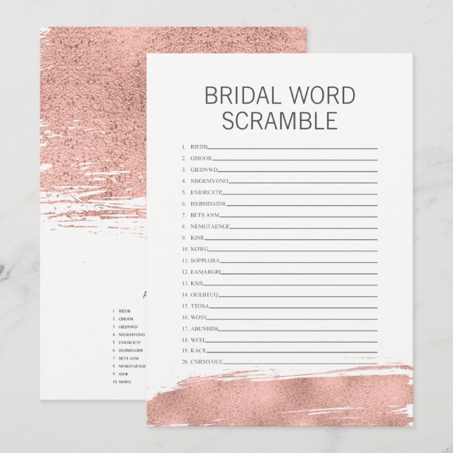 Invitation Rose Gold Brushstroke Brid Word Scramble Jeu (Devant / Derrière)