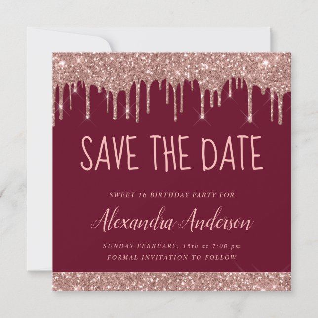 Invitation Rose Gold Burgundy Parties scintillant Sweet 16 En (Devant)