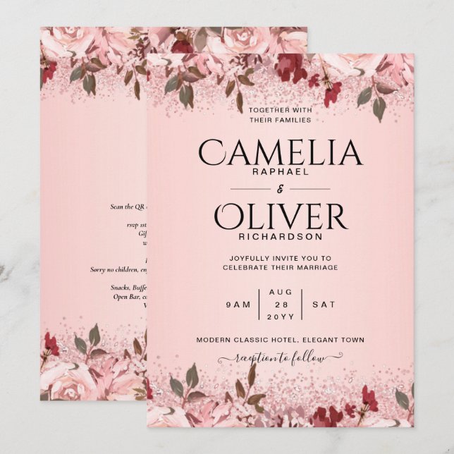 Invitation Rose Gold Burgundy Rose Floral Mariage Invite (Devant / Derrière)