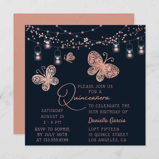 Invitation Rose Gold Butterfly Chic Modern Quinceañera (Devant / Derrière)