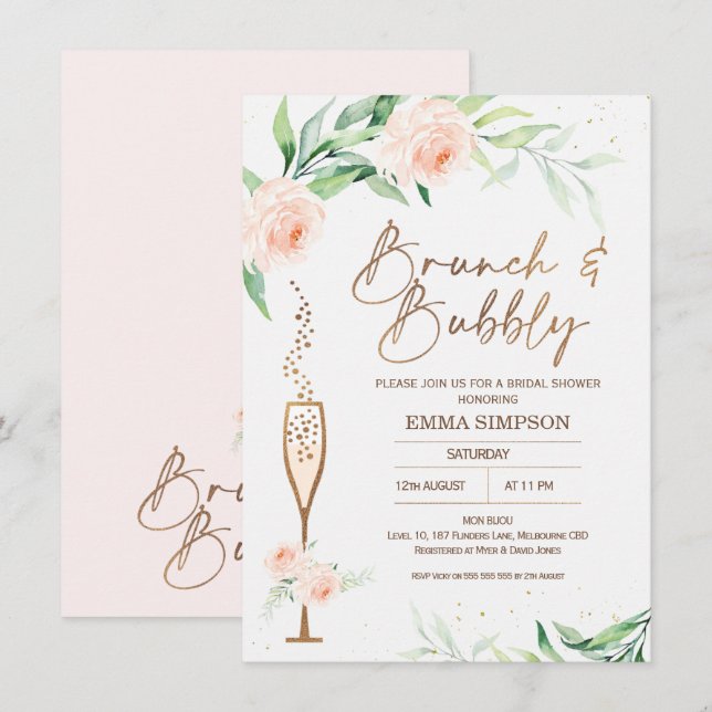 Invitation Rose Gold Calligraphie Fête de l'mariée florale (Devant / Derrière)