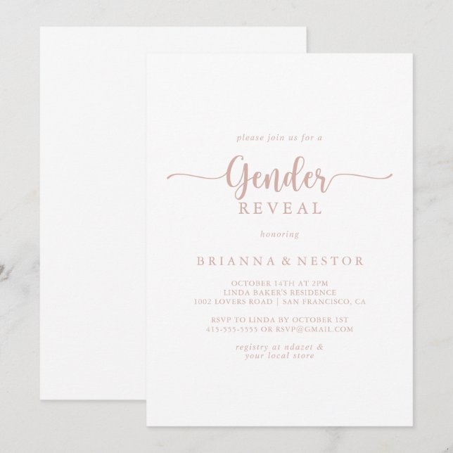 Invitation Rose Gold Calligraphie Genre Revevela Party (Devant / Derrière)