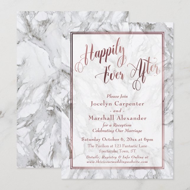 Invitation Rose Gold Calligraphie Happily Ever After Marbre (Devant / Derrière)