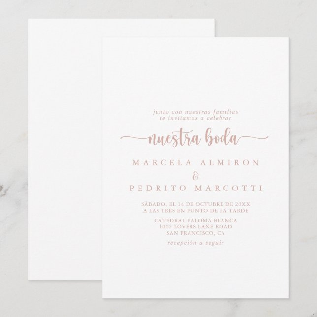 Invitation Rose Gold Calligraphie Nuestra Boda Mariage (Devant / Derrière)