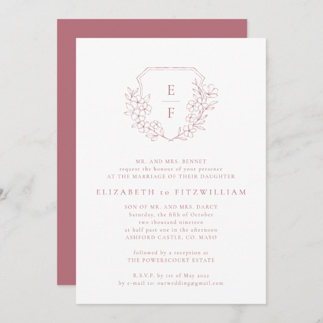 Invitation Rose Gold Cerisier Fleurs Crest Monogramme Mariage (Devant / Derrière)