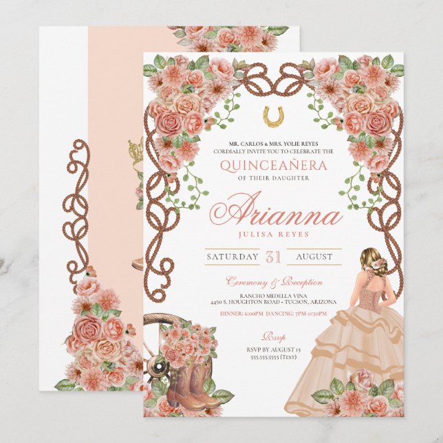 Invitation Rose Gold Charra style occidental Floral Quinceañe (Devant / Derrière)