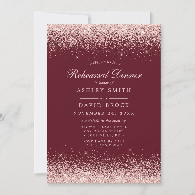Invitation Rose Gold Confetti Bourgogne Répétition moderne (Devant)